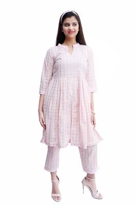 Women's Mulmul Cotton Kurti With pant Set (Baby Pink) 1