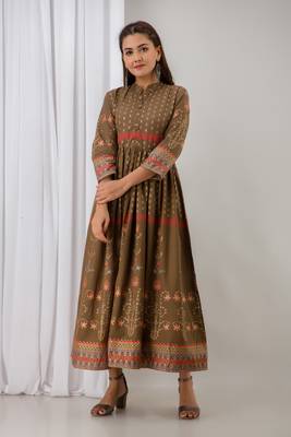 Womens Cotton  Printed Flared  Gown (Brown) 1