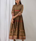 Womens Cotton  Printed Flared  Gown (Brown)