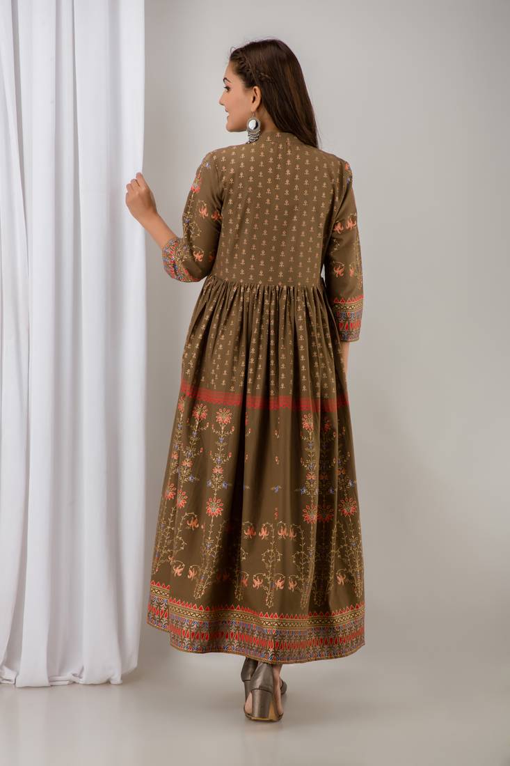 Womens Cotton  Printed Flared  Gown (Brown)