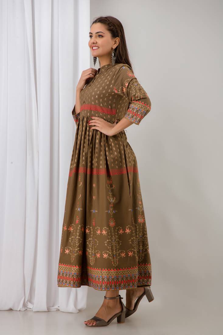 Womens Cotton  Printed Flared  Gown (Brown)