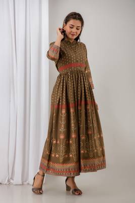 Womens Cotton  Printed Flared  Gown (Brown) 4