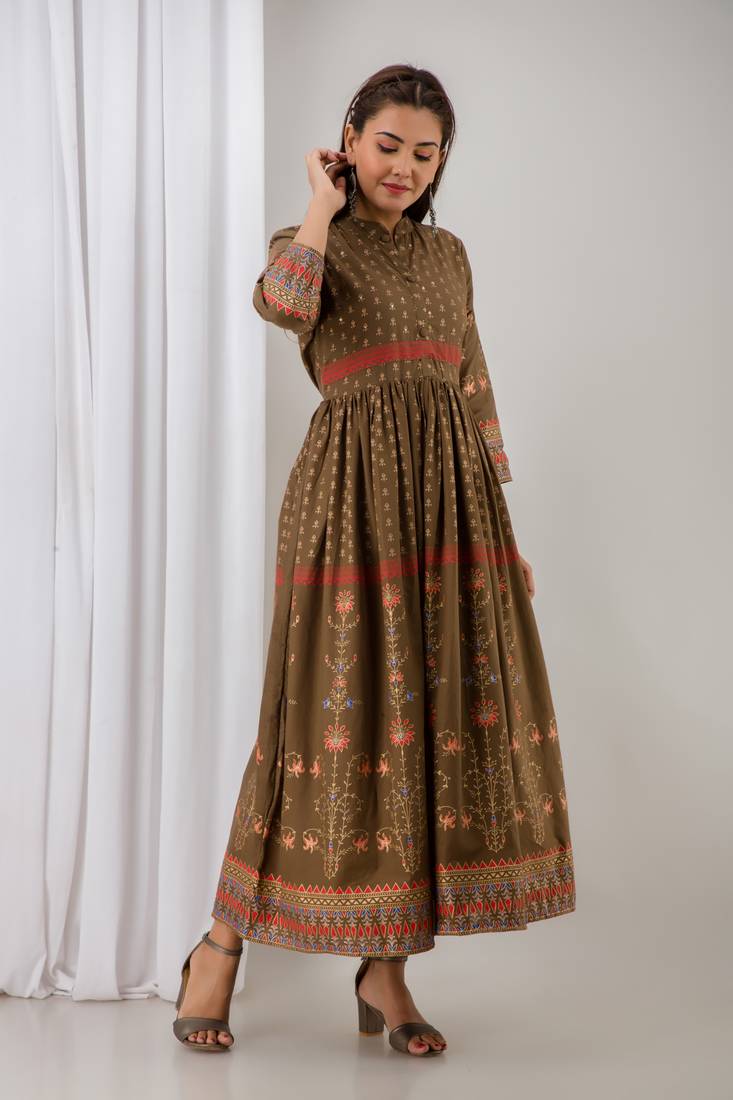 Womens Cotton  Printed Flared  Gown (Brown)