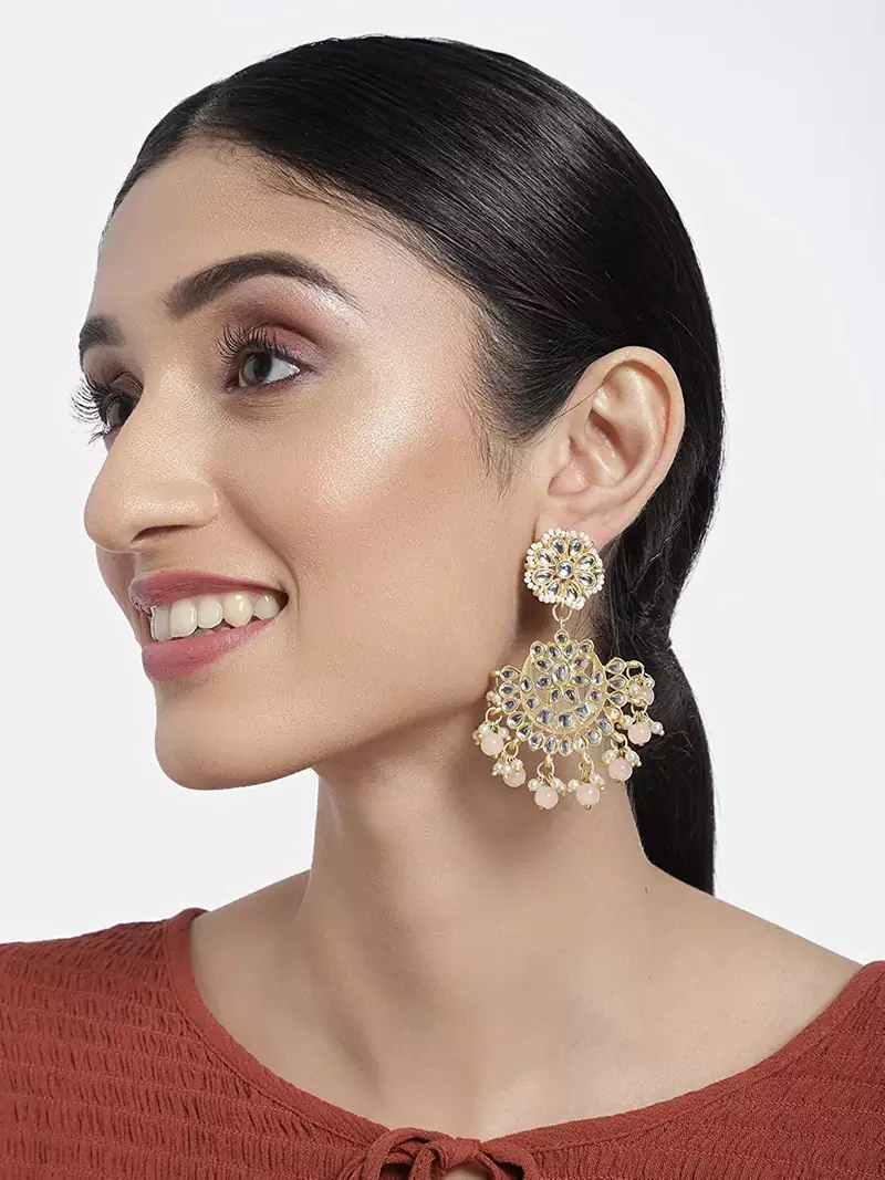I Jewels 18K Gold Plated Matt Finish Chandbali Earrings Handcrafted Kundan & Pearl (E2911Pe)