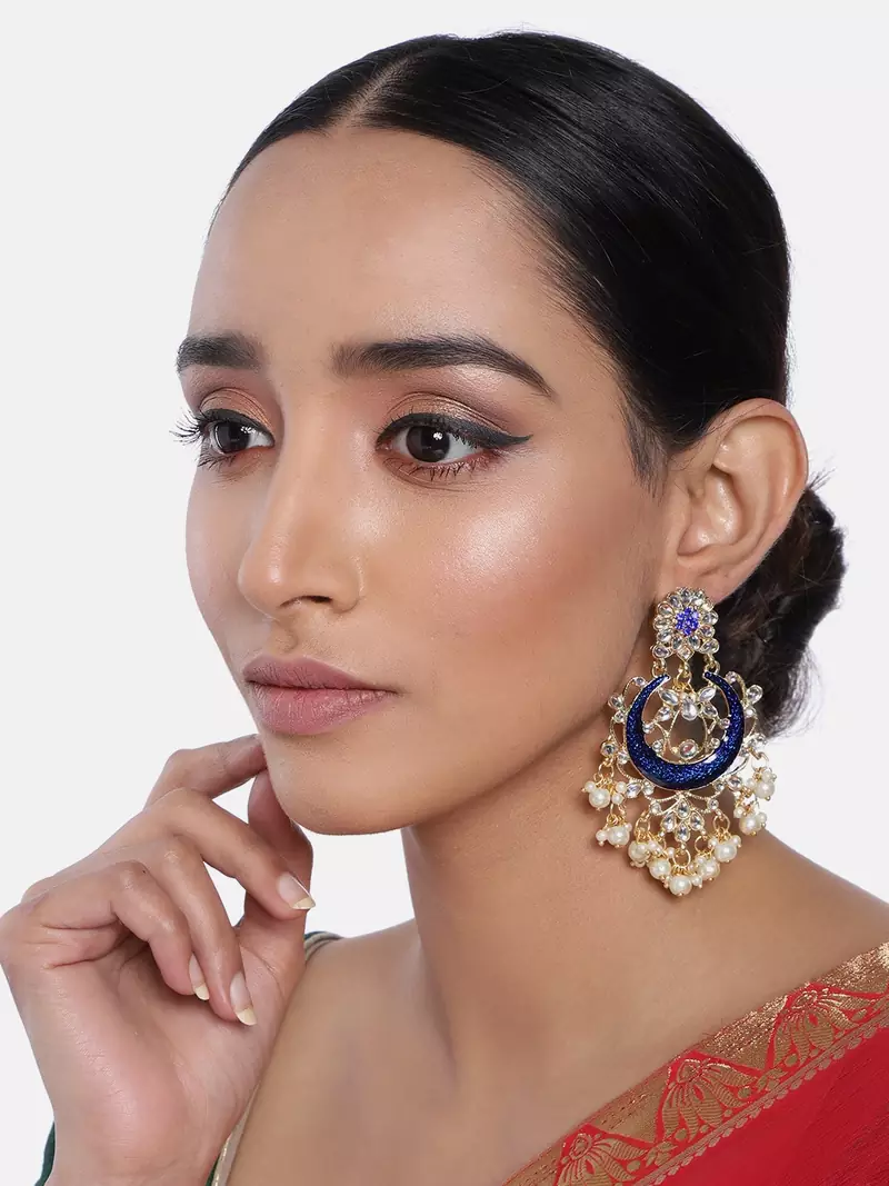 I Jewels Blue Meena Work Earring Glided With Kundan & Pearls