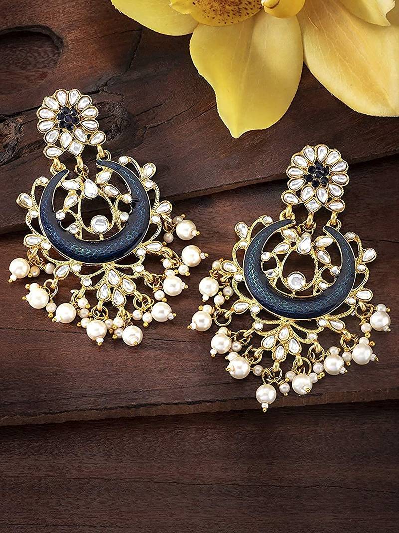 I Jewels Blue Meena Work Earring Glided With Kundan & Pearls
