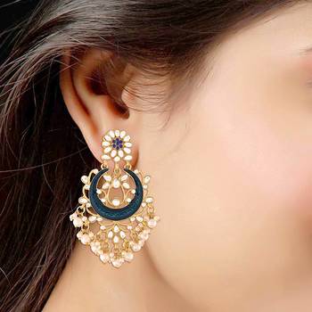 Blue Meena Work Earring Glided With Kundan & Pearls 4