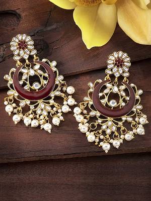 I Jewels Traditional Handcrafted Maroon Meena Work Earring Glided With Kundan & Pearls  1