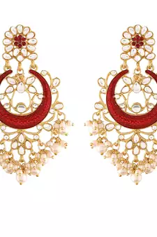 I Jewels Traditional Handcrafted Maroon Meena Work Earring Glided With Kundan & Pearls 