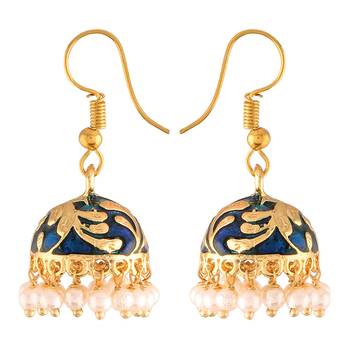 Traditional Handcrafted Blue Meena Work Jhumka Earring Glided with Pearls  1