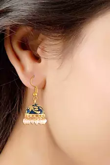 Traditional Handcrafted Blue Meena Work Jhumka Earring Glided with Pearls 