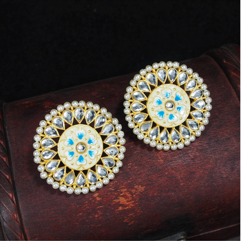 Traditional Round Kundan Pearl Meena Work Handcraft Stud Earrings  1