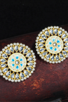 Traditional Round Kundan Pearl Meena Work Handcraft Stud Earrings (E2878CBL)