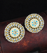 Traditional Round Kundan Pearl Meena Work Handcraft Stud Earrings 