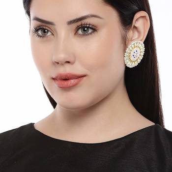 Traditional Round Kundan Pearl Meena Work Handcraft Stud Earrings  2