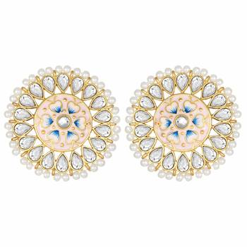 Traditional Round Kundan Pearl Meena Work Handcraft Stud Earrings  3