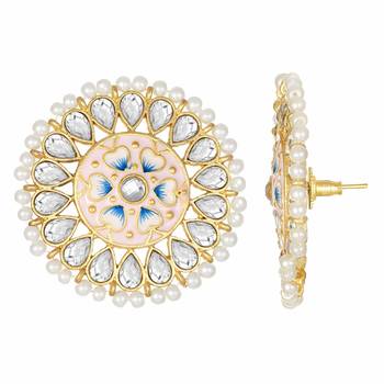 Traditional Round Kundan Pearl Meena Work Handcraft Stud Earrings  5