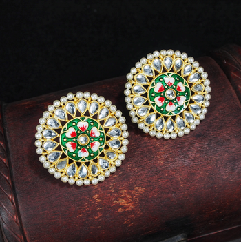 Round Kundan Pearl Meena Work Handcraft Stud Earrings  1