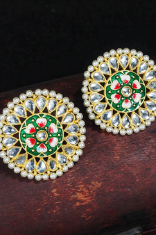 Round Kundan Pearl Meena Work Handcraft Stud Earrings (E2878G)