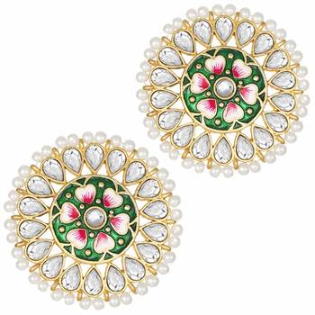 Round Kundan Pearl Meena Work Handcraft Stud Earrings  2