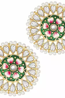Round Kundan Pearl Meena Work Handcraft Stud Earrings 