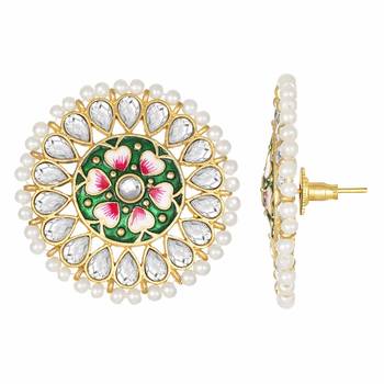 Round Kundan Pearl Meena Work Handcraft Stud Earrings  3