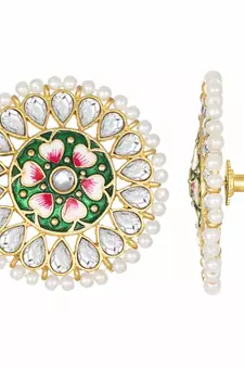 Round Kundan Pearl Meena Work Handcraft Stud Earrings 