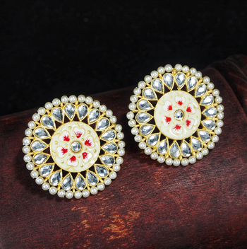 Round Kundan Pearl Meena Work Handcraft Stud Earrings  1