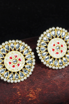 Round Kundan Pearl Meena Work Handcraft Stud Earrings (E2878CR)