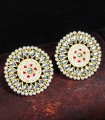 Round Kundan Pearl Meena Work Handcraft Stud Earrings 