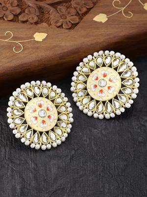 Round Kundan Pearl Meena Work Handcraft Stud Earrings  2