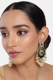 Traditional Handcrafted Green Meena Work Earring Glided With Kundan & Pearls (E2794G)