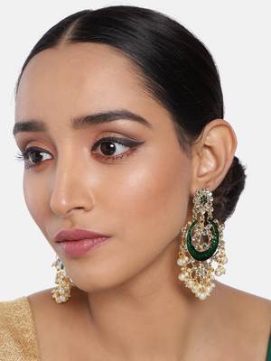 Traditional Handcrafted Green Meena Work Earring Glided With Kundan & Pearls  1
