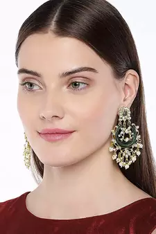 Traditional Handcrafted Green Meena Work Earring Glided With Kundan & Pearls 