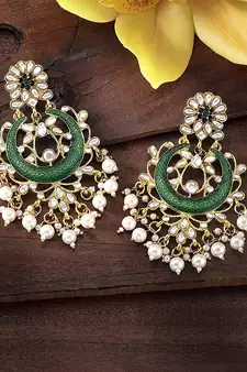 Traditional Handcrafted Green Meena Work Earring Glided With Kundan & Pearls 