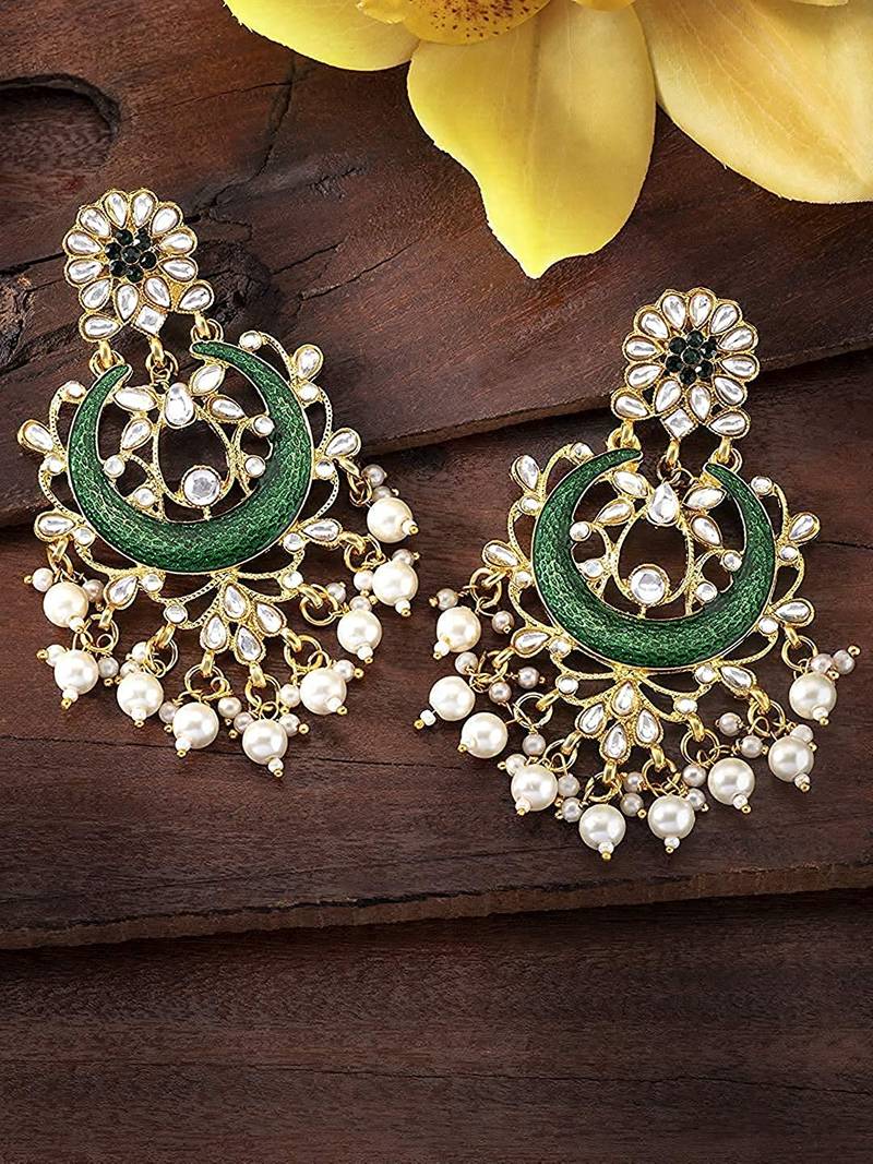 Traditional Handcrafted Green Meena Work Earring Glided With Kundan & Pearls 