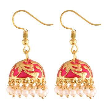 Traditional Handcrafted Red Meena Work Jhumka Earring Glided with Pearls  1
