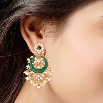 Traditional Handcrafted Green Meena Work Earring Glided With Kundan & Pearls  4