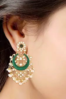 Traditional Handcrafted Green Meena Work Earring Glided With Kundan & Pearls 