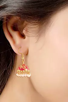 Traditional Handcrafted Red Meena Work Jhumka Earring Glided with Pearls 