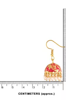 Traditional Handcrafted Red Meena Work Jhumka Earring Glided with Pearls 
