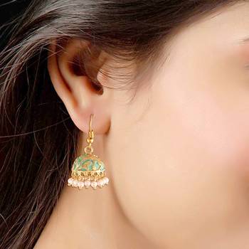 Traditional Handcrafted Meena Work Jhumka Earring Glided with Pearls  2