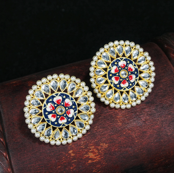 Round Kundan Pearl Meena Work Handcraft Stud Earrings  1