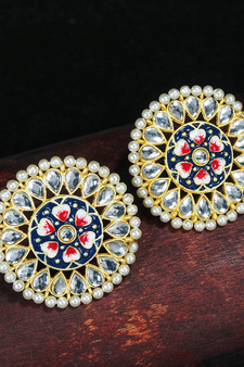 Round Kundan Pearl Meena Work Handcraft Stud Earrings (E2878BL)