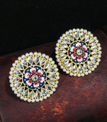 Round Kundan Pearl Meena Work Handcraft Stud Earrings 