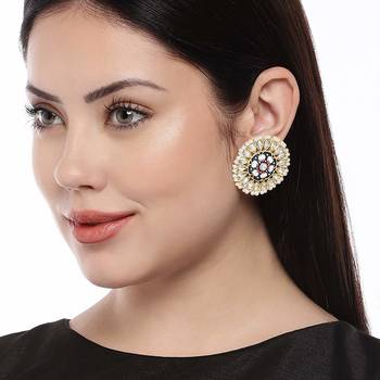 Round Kundan Pearl Meena Work Handcraft Stud Earrings  2
