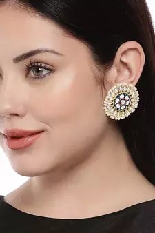 Round Kundan Pearl Meena Work Handcraft Stud Earrings 