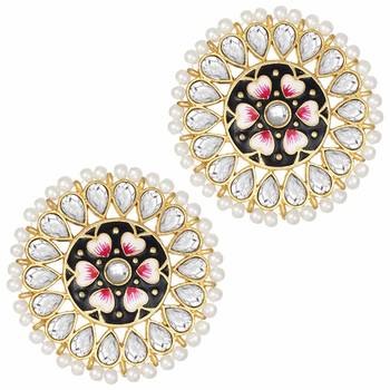 Round Kundan Pearl Meena Work Handcraft Stud Earrings  3