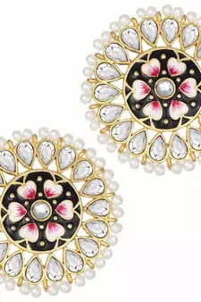 Round Kundan Pearl Meena Work Handcraft Stud Earrings 