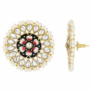 Round Kundan Pearl Meena Work Handcraft Stud Earrings  5